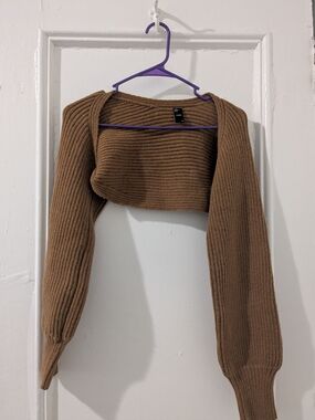 Cider Cropped Ribbed Bolero Sweater - Camel Brown